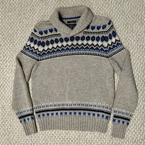 American Eagle Outfitters Gray and Blue Crewneck Sweater with Fair Isle Pattern